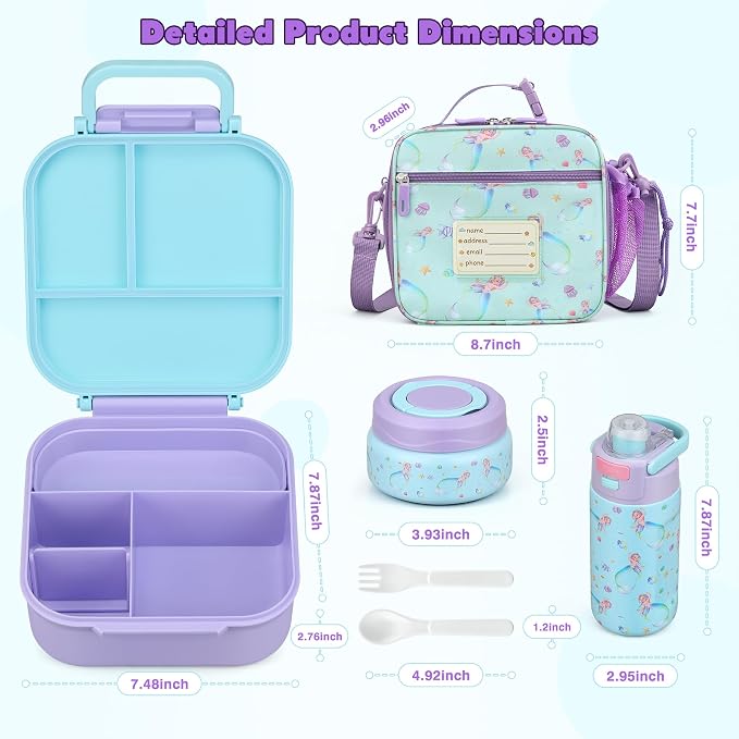 Bento Lunch Box for Kids with 7oz Soup Thermo,Insulated Stainless Steel Kids Water Bottle with Straw and Insulated Lunch Bag,Leak-Proof Lunch Food Container with Ice Pack for School(Purple-Mermaid)
