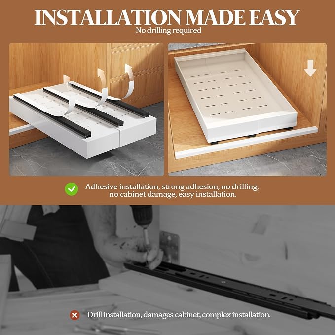 Seinloes 4 Pack Expandable Pull Out Cabinet Organizer 21" Deep With Raising Pad for Framed Cabinets,Upgrade 3 Slide Rails Slide Out Drawers,No Drill Roll Out Shelves,Adjustable Width 9"-14" White