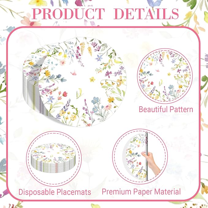 50PCS Floral Disposable Paper Placemats 13.5 Inch Summer Flowers Placemats Pastel Watercolor Round Table Mats for Wedding Anniversary Bride Party Supplies