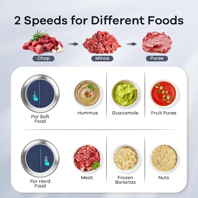 Ganiza Food Processors with 2 Bowls, 450W Meat Grinder Vegetable Chopper | 2-Speed Electric Food Chopper with 8 Cup Glass & 8 Cup Stainless Steel Bowls -Includes 2 Sets of Blades for Fruits/Meat/Nuts
