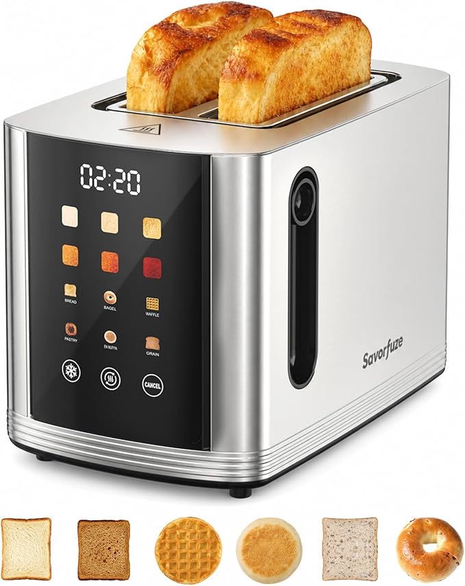 2 Slice Touchscreen Toaster Stainless Steel Smart Digital Toaster | 1.5" Extra Wide Slot Toaster, 6 Bread Types & 6 Browning Settings, LED Countdown, Reheat Defrost Cancel, for Home Dorm RV