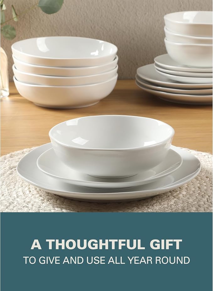 Gibson Home Lindendale 16 Piece Porcelain Ceramic Plates and Bowls Dishes Scratch and Chip Resistant Service for 4 Dinnerware Set - White