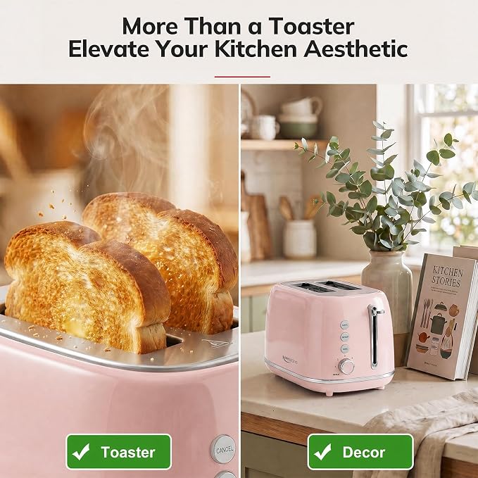 2 Slice Toaster Retro Stainless Steel with Bagel, Cancel, Defrost Function and 6 Bread Shade Settings Bread Toaster, Extra Wide Slot and Removable Crumb Tray (Pink)