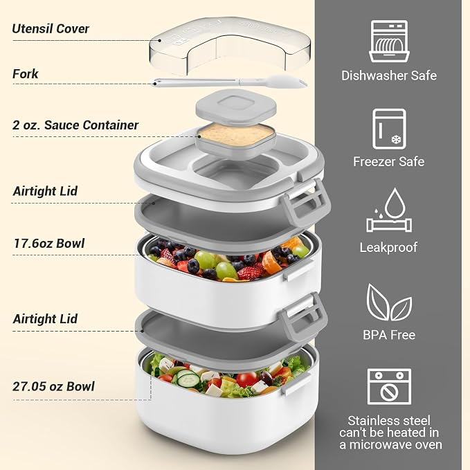 Stackable Stainless Steel Bento Box with Insulated bag,Leak-Proof,2-Tier Bento box,Lunch Box With Portable Sauce Pod and Cutlery-for Kids/Adult,Dishwasher Safe,White