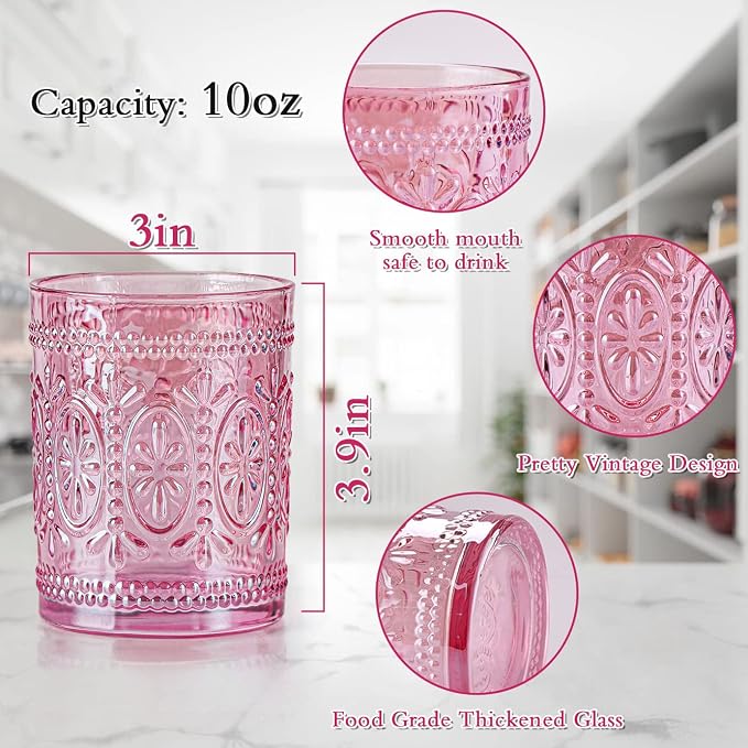 Darlion Vintage Glassware, Pink Drinking Glasses, 10oz Pink Glass Cups | Food Grade Glass, Lead-Free Glass, Durable&Sturdy, Vintage Decoration
