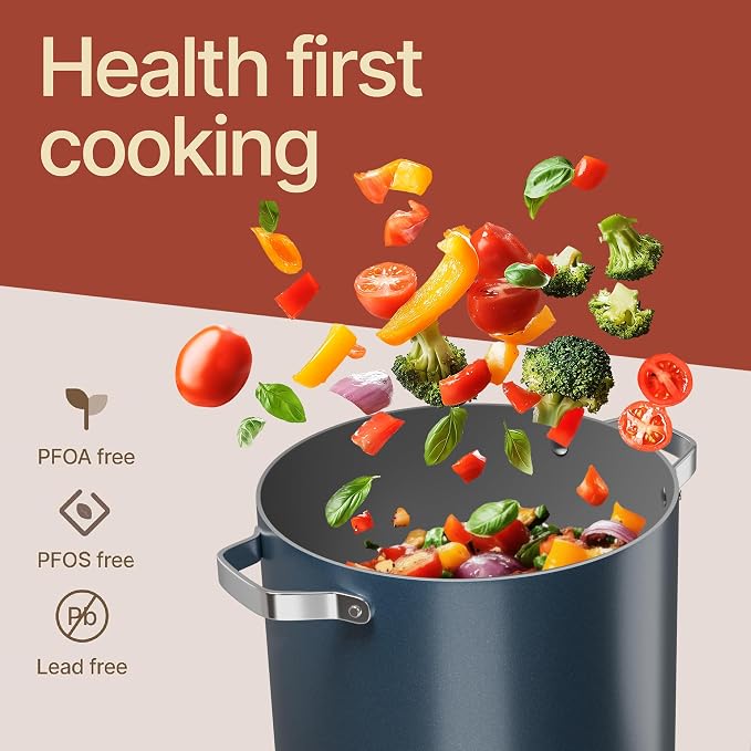 Bakken 16 Quart Ceramic Coated Stock Pot with Lid, Easy Clean Nonstick Pot, Tempered Glass Lid, Riveted Stainless Steel Handles, Oven Safe Up To 500°F, PTFE & PFAS Free, All Stove Compatible, Blue