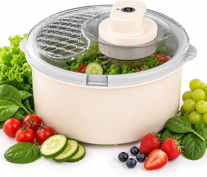 Electric Salad Spinner & Produce Washer, Fruit Washer Spinner Bowl for Lettuce, Berries & Veggies, Vegetable Dryer, Lettuce Spinner, Fruit Cleaner (Cream White)