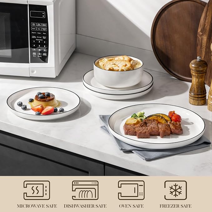 MALACASA Plates and Bowls Sets, 24 Pieces Modern Porcelain Dinnerware Set for 8 White Kitchen Dinner Dining Ware Set wtih Black Rim Ceramic Dishware Dishes Microwave and Dishwasher Safe, Series LUNA | Modern Ceramic Dishware Set,Kitchen Dining Ware,Mic...