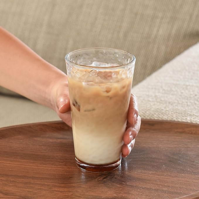 ALINK 16 oz Drinking Glasses, Set of 6 Hammered Glass Cups, Clear Heavy Base Stemmed Highball Water Glasses for Beer, Iced Coffee Cups, Cocktail Glasses, Wine, Iced Tea, Dishwasher Safe