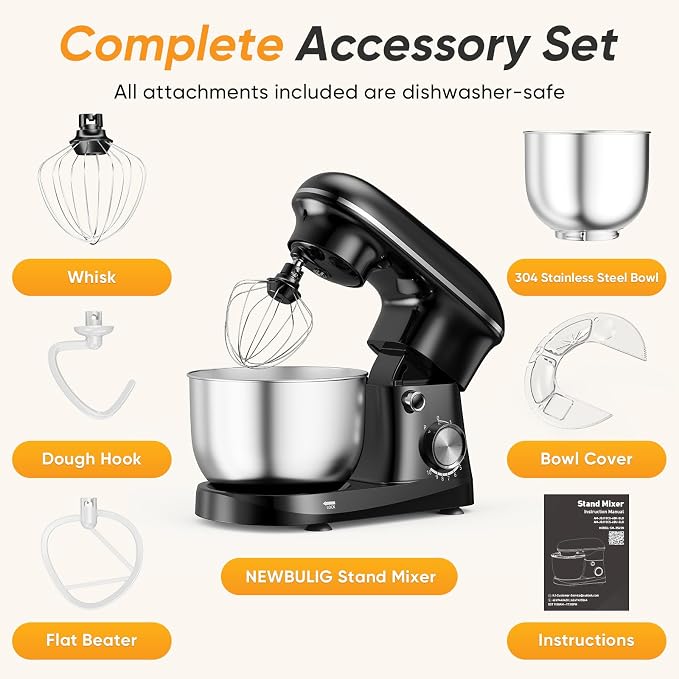 NEWBULIG Stand Mixer 4.2QT, Kitchen Electric Mixers Alternative | 10-Speed Dough Hook, Whisk, Beater & Splash Lid, Multi-Cover for Baking, Cakes and Home Cooking Needs