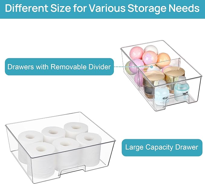 Vtopmart Clear Stackable Storage Drawers, 3 Pack Wide Organizer Set | Wide and Small Pull-Out PET Drawers with Stackable Design for Bathroom Organization, Cabinets, Closets, Pantry and Medicine