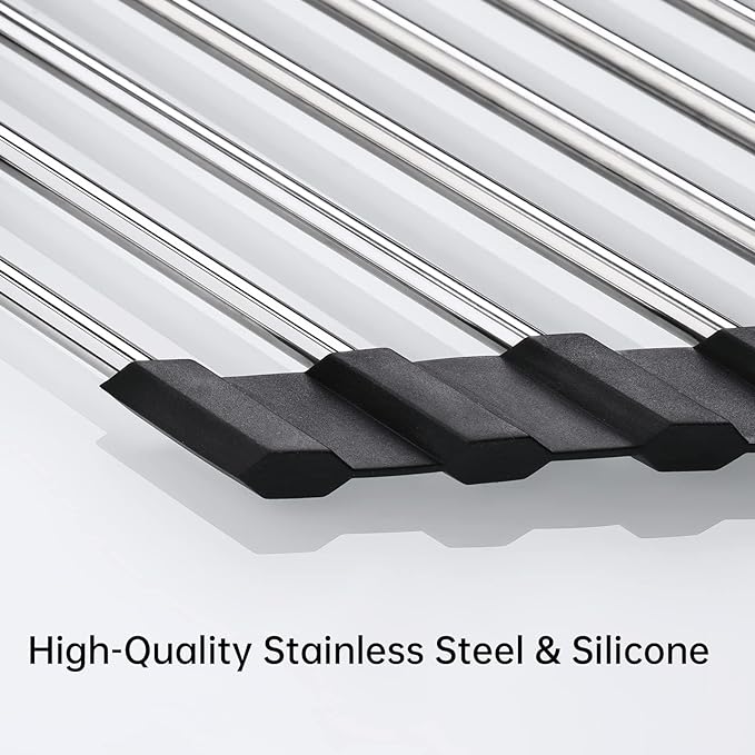 Tomorotec Triangle Roll Up Dish Drying Rack 304 Stainless Steel Black | BPA-Free Food-Grade Silicone Edges Foldable Waterproof Rustproof Heavy-Duty Space Saver Heat Resistant to 550°F