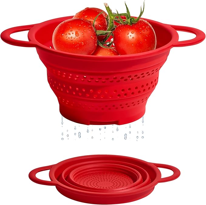 GIR Collapsible Colander for Kitchen, Silicone Strainer and Steamer, BPA-Free, Heat-Resistant, Space-Saving Collapsible Strainer with Stainless Steel Rim, Dishwasher Safe - Red