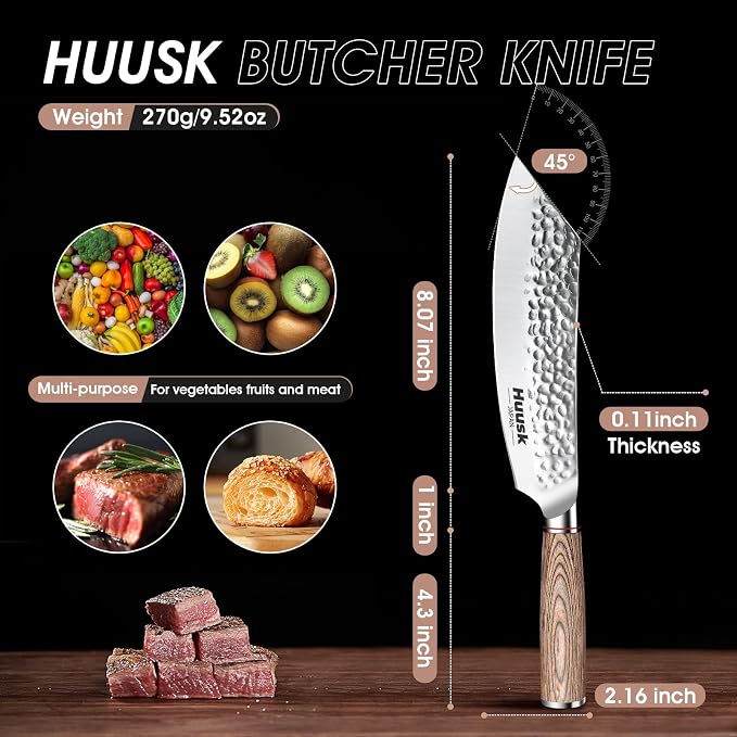 Huusk Japanese Meat Cleaver Knife - 8 Inch Butcher Knife for Meat Cutting | Hand Forged Butcher Cleaver for Meat & Vegetable Cutting, Sharp Kitchen Knife with Pakkawood Handle, Gift Idea for Men Women