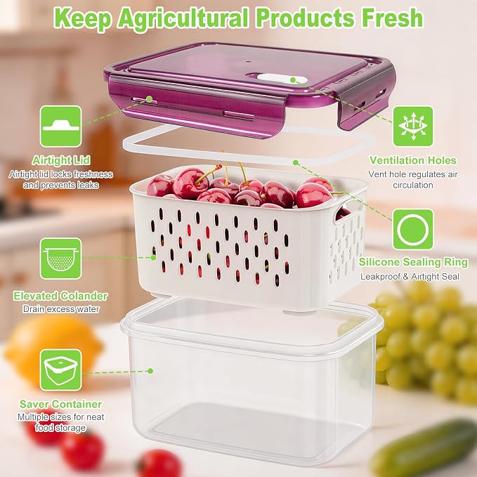 4Pack Fruit Storage Container for Fridge with Colander and Vent - Purple | 8 Pieces BPA Free Kitchen Refrigerator Organizers Plastic Fruit Containers for Fridge for Fruit Berry Salad Lettuce