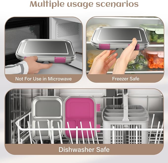 BABHAMNESS Stainless Steel Bento Box Kids, 3 Compartments Leak Proof Metal Bento Lunch Box, 304 Stainless Steel Bento Lunch Containers for School and Office,Dishwasher Safe, BPA-Free-Pink