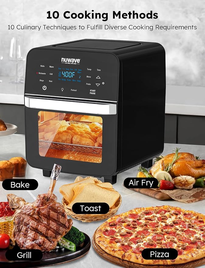 Nuwave Brio Air Fryer Oven, 15.5Qt X-Large Family Size, Powerful 1800W | SS Rotisserie Basket & Skewer-Kit, Reversible Ultra Non-Stick Grill/Griddle Plate, Integrated Smart Thermometer, Black