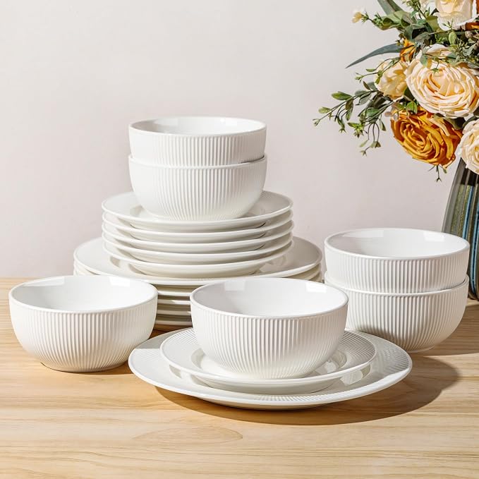 Ceramic Dinnerware Set for 6, 18-Piece Plates and Bowls Set | Lightweight Porcelain Dish Set, Scratch Resistant, Oven & Microwave & Dishwasher Safe, Bright White