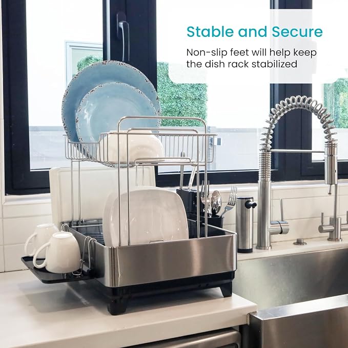 Home Zone Living Dish Drying Rack for Kitchen Counter with 2-Tiers | Stainless Steel with Drip Tray, Extendable Water Drainage Pipe, and Holders for Utensils, Wine Glasses and Cutting Board