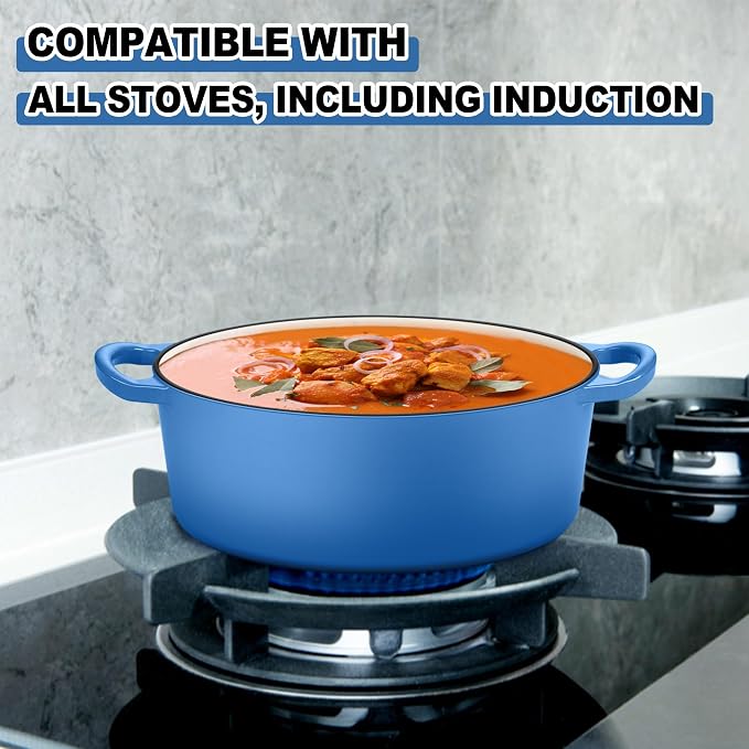E-far 5QT Oval Dutch Oven Pot with Lid, Enameled Cast Iron Dutch Oven with Dual Handles for Sourdough Bread Baking Cooking, Nonstick Enamel Coated Cookware(Blue), Non-Toxic & Easy Clean