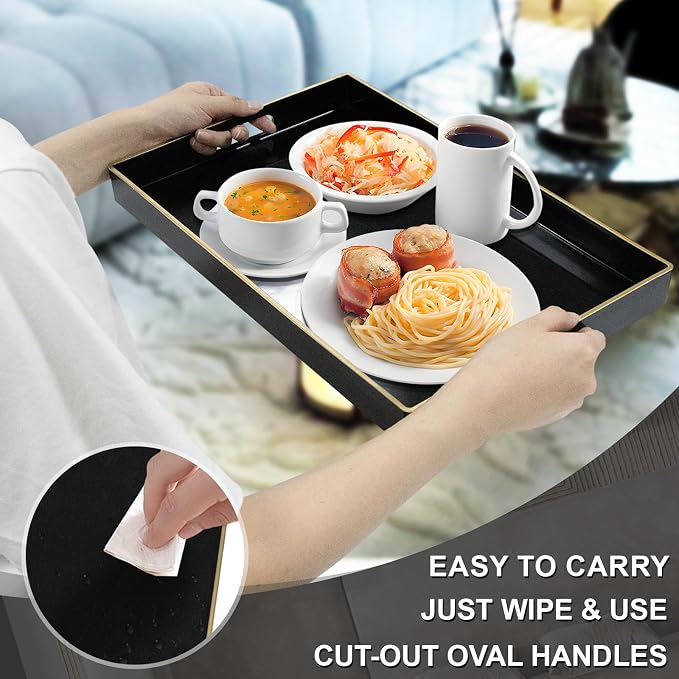 Black Decorative Tray for Coffee Table, Serving Tray with Handles | Plastic Melamine Tray, Modern Ottoman Tray, Rectangular Countertop Organizer Tray for Living Room, 15.8"L x 10.2"W x 1.4"H