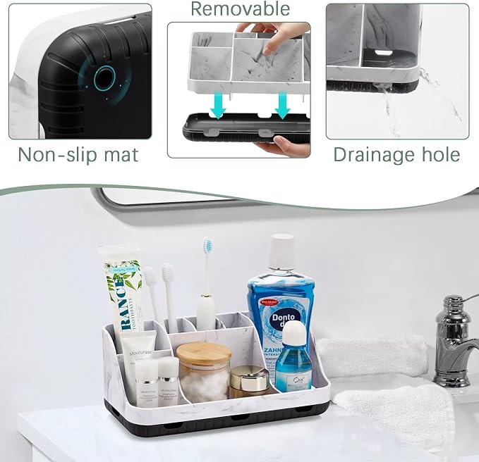 GFWARE Marble Bathroom Countertop Organizer - Detachable 7 Slots Kids Electric Toothbrush and Toothpaste Holde Drainage for Bathroom Accessories Organization Counter Vanity Storage, Black | Detachable 7 Slots Kid Electric Toothbrush and Toothpaste Hold...