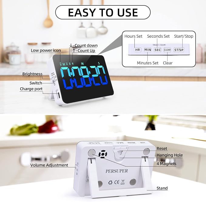 PERSUPER Kitchen Digital Timer, Count Down Up, Rechargeable, Vibration Mode | Adjustable Volume and Brightness LED Display, Time Management Cook, Desk, Kids Adults Study Teaching, Kitchen Gadgets Blue