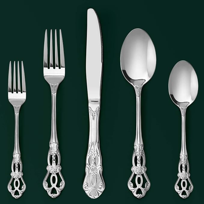 Silverware Set, 30 Pieces Retro Royal Silverware Set for 6, Baroque-Style Stainless Steel Flatware Set Including Fork Spoon and Knife, Dishwasher Safe, Silver