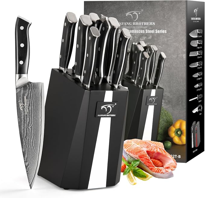 NANFANG BROTHERS Damascus Knife Set, 9-Piece VG10 Kitchen Knives | with Block