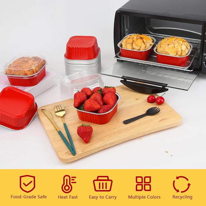 LNYZQUS 80 Pack 10oz Mini Cake Pans with Lids and Spoons for Bake Sales | Disposable, 4" Individual Baking Tins, Square Cinnamon Roll Containers, Small Aluminum Dessert Cups for Christmas, Red