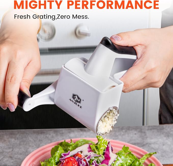 Rotary Cheese Grater Hand Crank, Parmesan Cheese Shredder Handheld with 2 Stainless Steel Drums for Hard Cheese, Chocolate and Nuts, Restaurant Quality, Dishwasher Safe