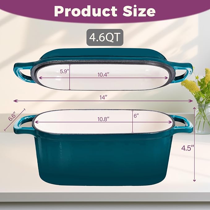 4.6-Quart Oval Dutch Oven for Bread Baking | 2 in 1 Enameled Cast Iron Bread Pan with Lid, Sourdough Baking Pan for a Crispy Crust, Teal