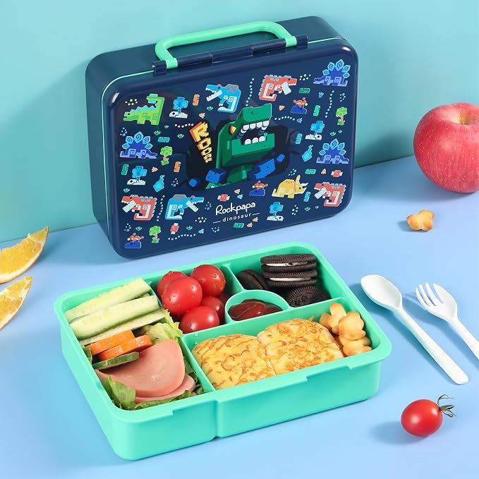 rockpapa Bento Box for Kids - Large 5.5 Cups Lunch Box with Utensils - 5 Compartments, BPA-Free, Leak Proof, Portable Handle for Boys Girls, Microwave/Dishwasher Safe (Blue Dinosaur)