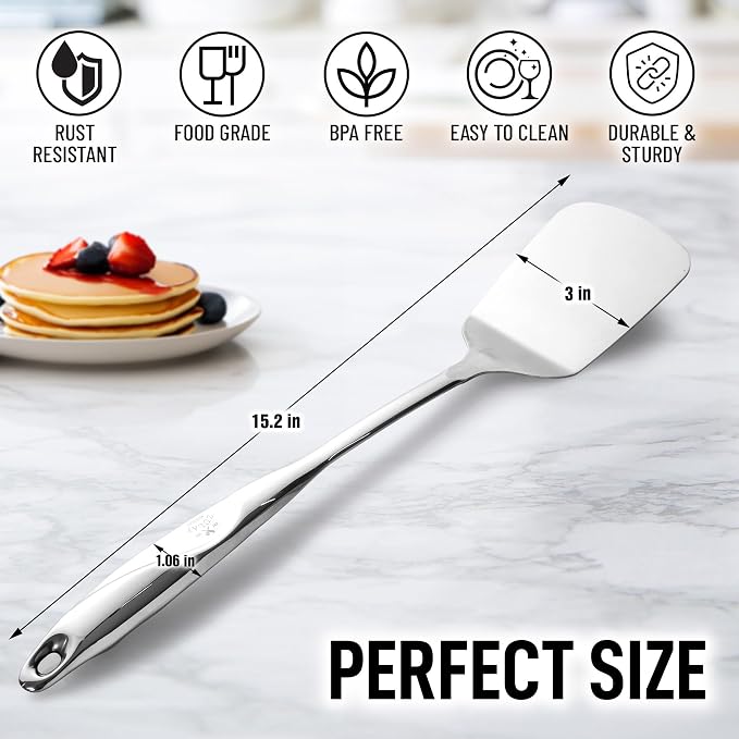 Zulay Kitchen Stainless Steel Spatula Turner | 14.8” Heat-Resistant Solid Turner for Cooking, Frying & Grilling - Durable, Rust-Proof & Dishwasher Safe Kitchen Utensil