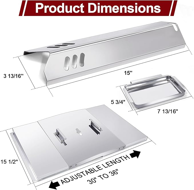 Hiorucet Grill Drip Pan Kits for Dyna Glo Grill Replacement Parts DGB610SSP, Adjustable 30''-36'' Grease Tray with Catch Pan, Heat Plate Tent Shields for Dynaglo Grill Replacement Parts 6 Burner.