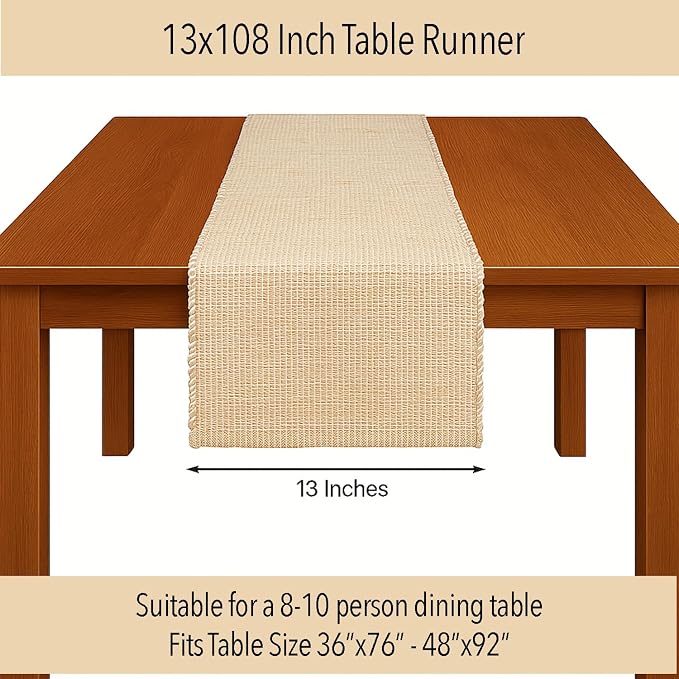 Natural Jute Table Runner 13x108 Inch – Vintage Boho Rustic Table Decor – Handwoven Long Table Runner in Natural Jute and Ivory – Farmhouse Dining or Console Table Accent