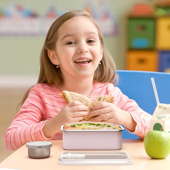 Bakpoco Stainless Steel Bento Lunch Box for Kids, 33oz Leak-Proof Lunch Box Containers, Microwave-Safe, with Adjustable Divider, Convenient Metal Lunchbox for School, Travel