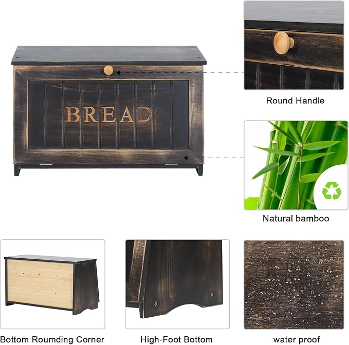 HOMEKOKO Vintage Wood Bread Box for Kitchen Counter,Retro Storage Bin,Black | Retro Farmhouse Style, Holds 2 Loaves, Breathable Design Keeps Bread Fresh For 3–4 Days, Suitable For Rustic/Vintage Kitchen