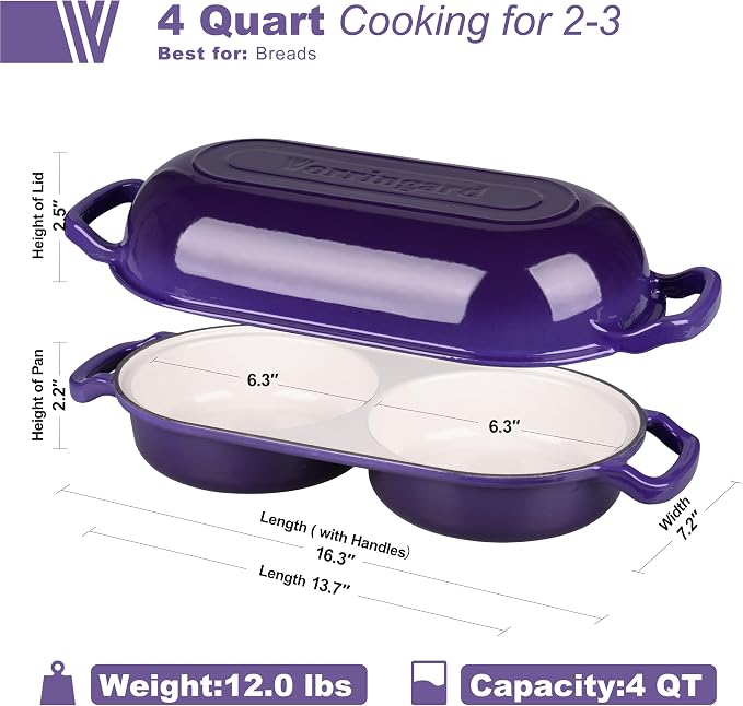 Enameled Cast Iron Double Dutch Oven with Lid, Dual Round Loaf Pan, Bread pan for Homemade Sourdough Bread Baking, Purple