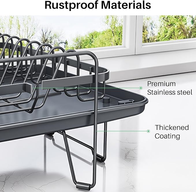 SNTD Large Dish Drying Rack for Kitchen Counter, Expandable, Grey | Stainless Steel Dish Drainer, Adjustable Length 18.9''-29.3'', Automatic Drainage, 360° Spout, Cutlery Holder with Knife Slot