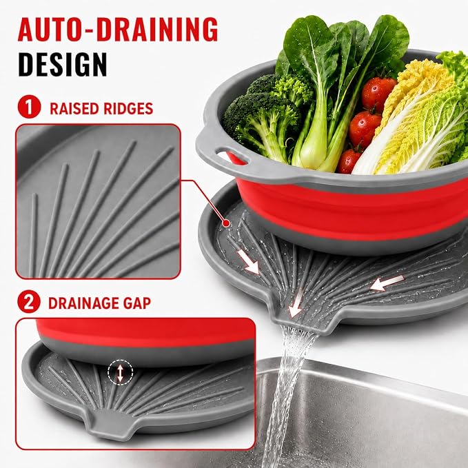 2 Collapsible Colanders with Self-Draining Tray (Red) | 11.6 & 13.4 in baskets; 12.8 in grooved tray; folds to 2.1 in; for pasta, rice, fruit and vegetables