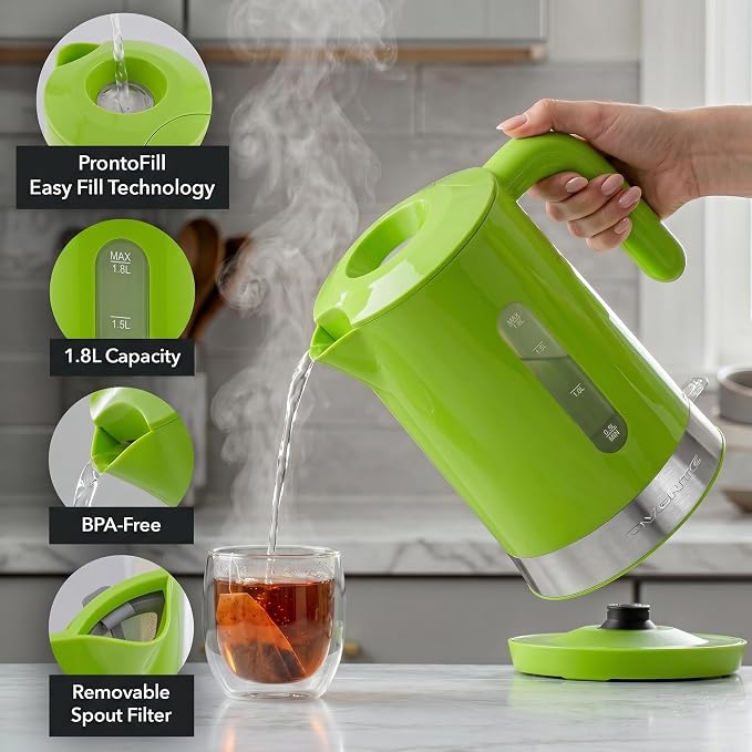 OVENTE 1.8L Electric Kettle with 1500W Fast Boiling Heater, Green KP413G | Best For Coffee or Tea, BPA-Free, Easy-Fill Lid, Water Level Window, Auto Shut-Off & Boil-Dry Protection, Removable Filter
