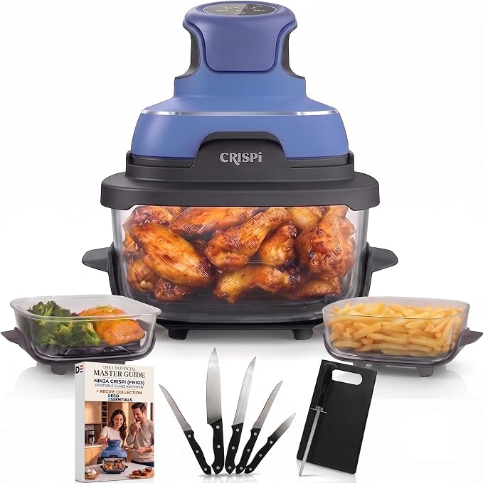 Ninja CRISPi 5-in-1 Portable Glass Air Fryer FN103CO Renewed Deco Bundle | Includes 6-cup, 2.5-qt and 4-qt glass containers, Deco knife set, cutting board, sharpener and unofficial recipe guide