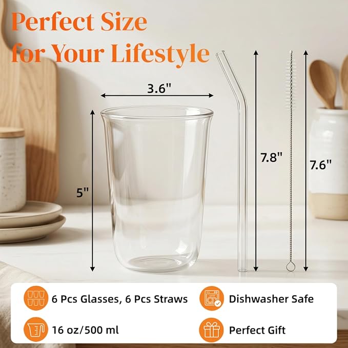 6 Pieces Drinking Glasses with Straw, 16 Oz Clear Water Glass Set | Lead-free Highball Glass Cup Kitchen Glassware for Juice, Beverage, Cocktail, Ice Tea, Coffee, Soda