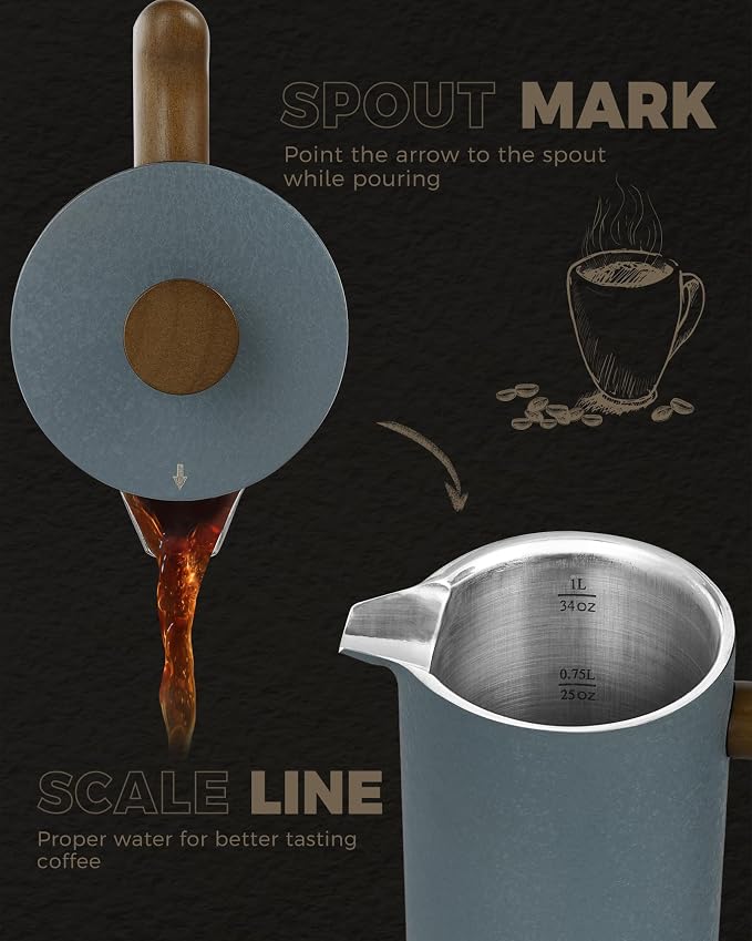 POLIVIAR French Press Coffee Maker, 34 oz | Real Wood Handle Coffee Press, Double Wall Insulation, Dual-Filter Screen, Food Grade Stainless Steel, For Coffee and Tea