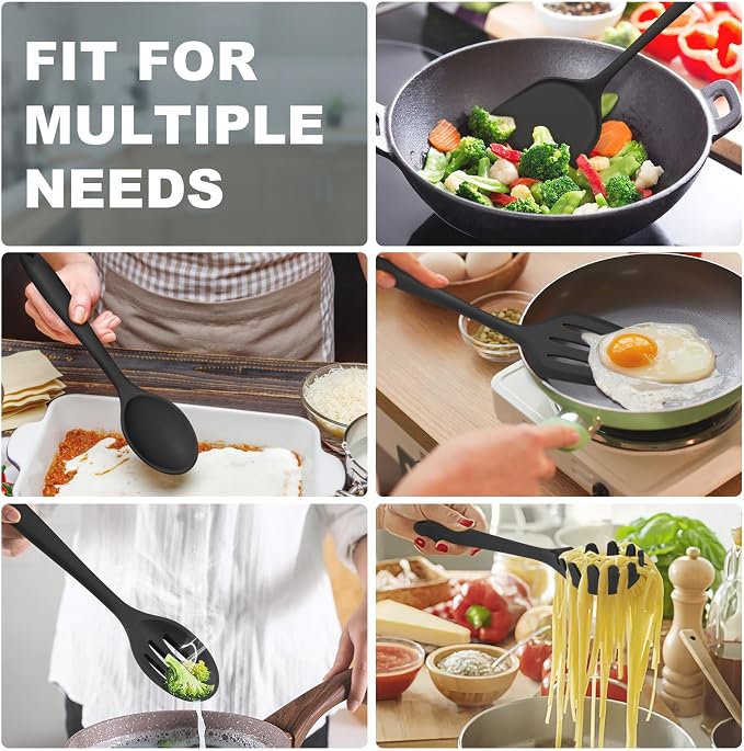 TeamFar Silicone Cooking Utensils Set, 5-Piece Kitchen Utensils Set | Heat Resistant Nonstick Slotted Solid Spoon Turner Pasta Server for Frying Serving Mixing, Non-Toxic & Dishwasher Safe, Black
