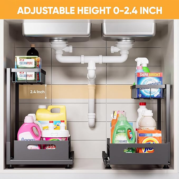 2-Pack L-Shaped Under Sink Organizer, 2-Tier Pull-out Cabinet Rack | Black Height-Adjustable Steel Rack, Sliding Grid Drawers with PP Liners, Holds 100 Lbs, Suction Base, Ideal Kitchen Storage