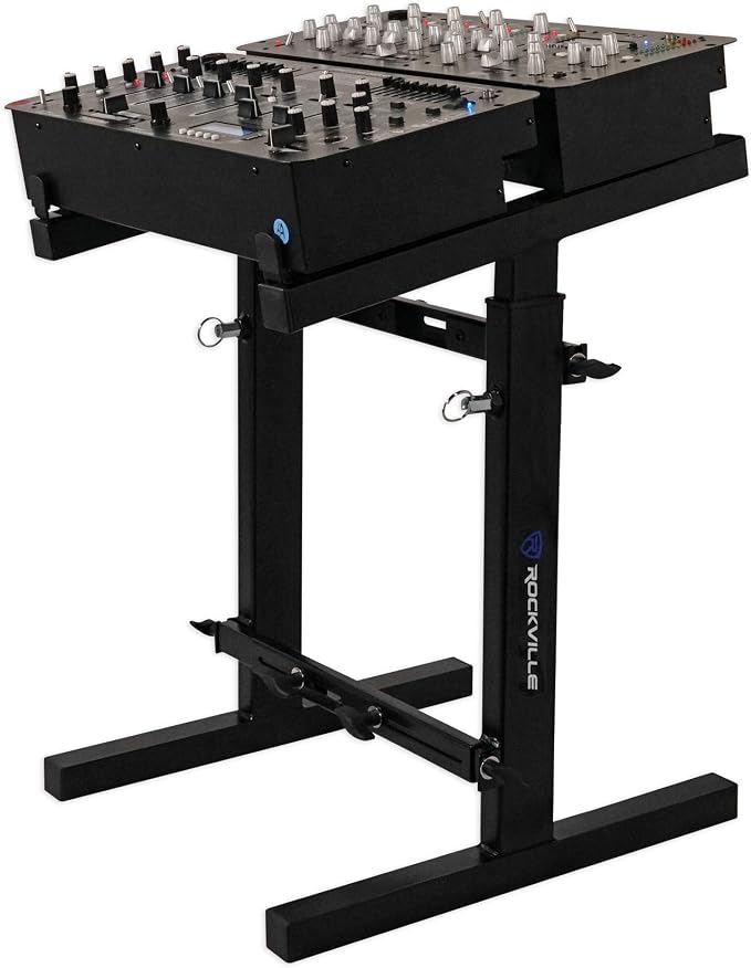 Rockville RXS20 Portable Mixer Stand - Folds Flat - Adjustable Height & Width! | Heavy Duty, 300 lb Capacity, All-Steel, Collapsible, Universal, Soft Padding, Rubber Feet, Fits DJ Controllers and Keyboards