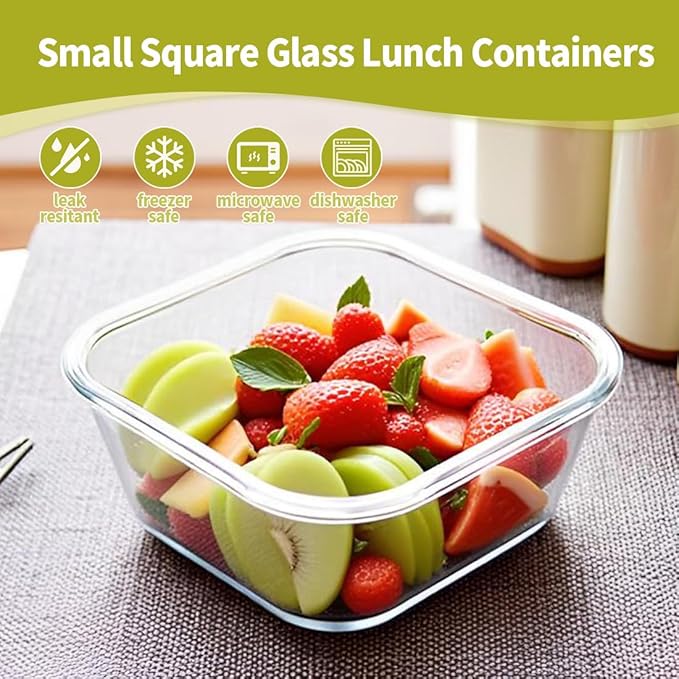 2Cup Square Glass Food Storage Containers, Small Square Food Containers With Airtight Lids Leak-proof, BPA free 16oz Glass Meal Prep Bowls, Dishwasher, Microwave, Freezer Safe (4 color)