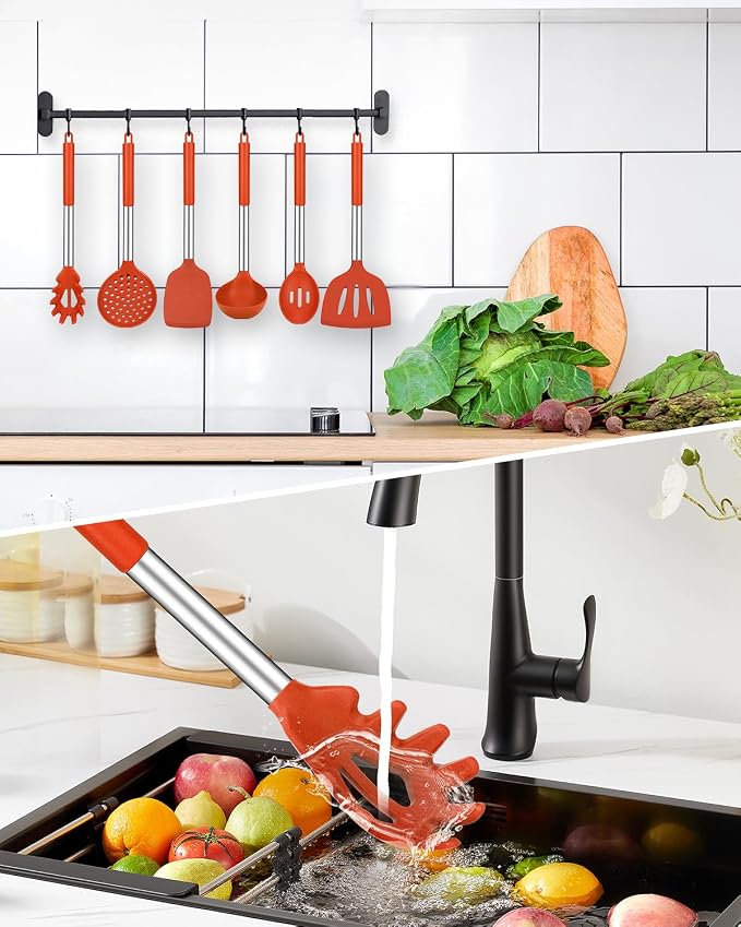 Silicone Cooking Utensils Set, 8 Pcs Kitchen Utensils with Holder, Red | BPA Free and Heat Resistant, Kitchen Tools for Non Stick Cookware include Spatulas, Turners, Spoons, Skimmer and Pasta Fork